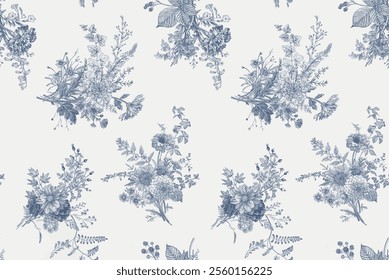 Sweet blue flower watercolor seamless pattern on white background. Soft pastel colors water color seamless