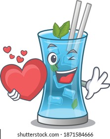 A sweet blue hawai cocktail cartoon character style holding a big heart