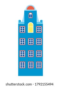 Sweet blue house of old europe in amsterdam, holland as a concept of retro travel and tourism in the city. Flat vector stock illustration with architecture isolated on white background for design