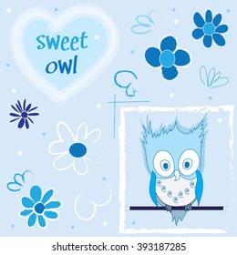 sweet blue owl with flowers and curls vector illustration vector illustration