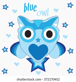 sweet blue owl with flowers and hearts vector illustration