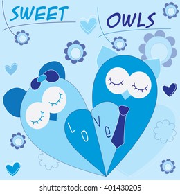sweet blue owls with hearts and flowers vector illustration