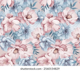 Sweet blue and pink flower watercolor seamless pattern.soft pastel colors water color seamless pattern for beauty products or other.