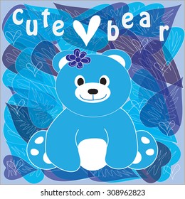 sweet blue teddy bear with hearts and leaves vector illustration