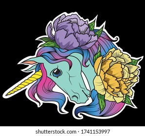 Sweet blue unicorn magic vector horse with rainbow hair and peony. Sticker.