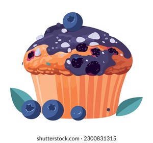 Sweet blueberry cupcake with creamy chocolate icing isolated