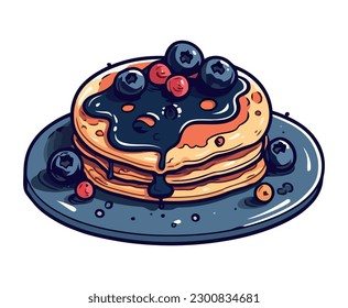 Sweet blueberry pancakes with fresh fruit syrup isolated