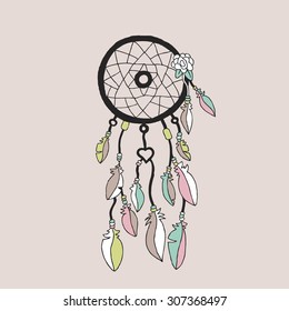 Sweet bohemian Indian summer dream catcher illustration with flowers and feathers poster cover template design in vector