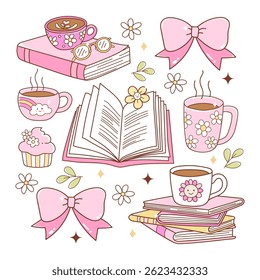 Sweet Bookish Girly Pink, Coquette Bookish Trendy Doodle Cartoon Style Hand Drawn Elements Vector