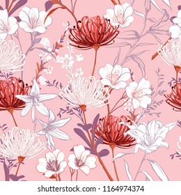 Sweet botanical blooming garden flowers unfinished line drawing seamless pattern vector design for fashion,fabric,wallpaper,and all prints on light pink background color