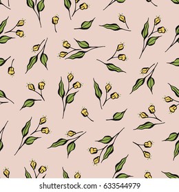 Sweet botanical seamless vector pattern in trendy colors. Romantic vintage hand drawn nature elements on light pink field. Great for background, website, textile print & many more