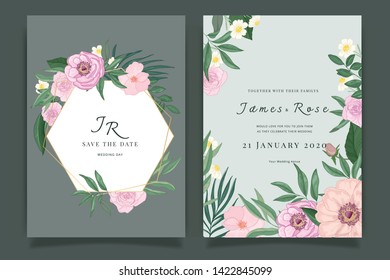 Sweet botanical Wedding Invitation, floral invite thank you, rsvp modern card Design in pink rose with red berry and leaf greenery  branches decorative Vector elegant rustic template