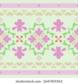 Sweet Botany Symmetric Fantasy Baroque Whimsical Style Seamless Border Pattern. Creative Traditional Luxury Motif Florals Pink Green Red Gold for Elegance Feminine Design Wallpaper Textile Fabric Tile