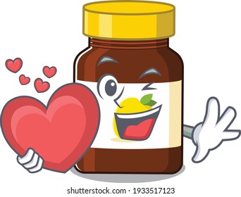A sweet bottle vitamin c cartoon character style holding a big heart