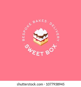 Sweet Box logo. Cake box emblem. Bespoke bakes and delivery. Bakery and sweet cafe logo. A beautiful cake like box with chocolate, syrup and cream.