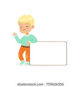 Sweet boy character standing with white empty message board, kid with placard vector Illustration