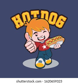 sweet boy holding a hotdog