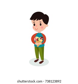 Sweet boy holding two ice creams cartoon vector illustration