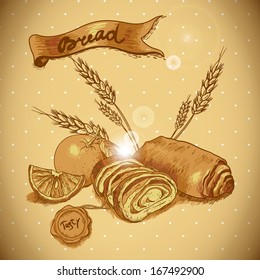 Sweet bread roll with wheat and orange Bakery sketches in vintage style