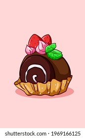Sweet bread rolls with strawberries and mint leaves cartoon illustration