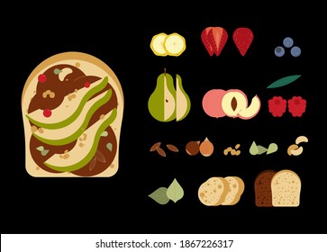 
Sweet breakfast. Cartoon banana and kiwi slice, 
strawberry and 
blueberry, lemon and pear, vector illustration elements for delicious fruit toast.