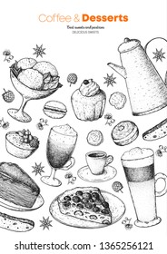 Sweet breakfast. Coffee and bakery menu design. Hand drawn sketch illustration. Coffee menu sketch design. Desserts for breakfast. 
