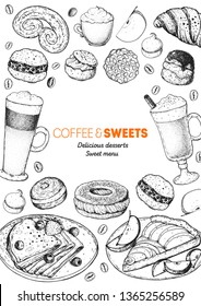 Sweet breakfast. Coffee and desserts menu design. Hand drawn sketch illustration. Coffee menu sketch design. Desserts for breakfast. 