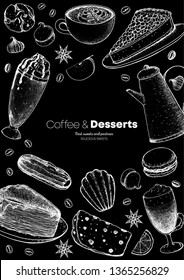 Sweet breakfast. Coffee and desserts menu design. Hand drawn sketch illustration. Coffee menu sketch design. Desserts for breakfast. 