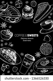 Sweet breakfast. Coffee and desserts menu design. Hand drawn sketch illustration. Coffee menu sketch design. Desserts for breakfast. 