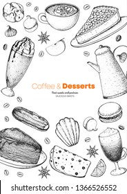 Sweet breakfast. Coffee and desserts menu design. Hand drawn sketch illustration. Coffee menu sketch design. Desserts for breakfast. 