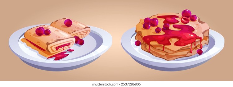 Platos dulces para el desayuno servidos en platos blancos. Crepes enrollados llenos de crema, panqueques apilados vertidos con jarabe rojo. Postres de Vector de dibujos animados cubiertos con bayas de cereza fresca para el desayuno de la mañana.