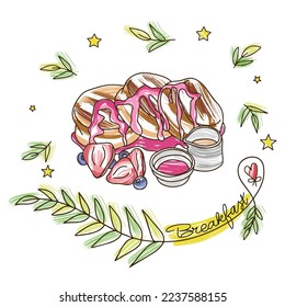 Sweet breakfast, pancake mix banner ad with jam and fruit dropping on homemade pancakes, doodle