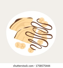 Sweet breakfast with Russian thin pancakes . top view vector illustration. Thin pancakes with chocolate syrup and bananas. Plate with a beautiful breakfast.