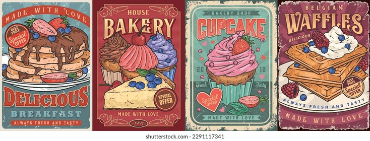 Sweet breakfast set flyers colorful with delicious pancakes with chocolate or Belgian waffles and cheesecake for advertising cafeteria vector illustration