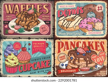 Sweet breakfast set flyers colorful with pancakes and donuts or waffles and cupcake from confectionery vector illustration