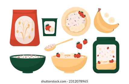 Sweet breakfast set. Milk porridge with banana and strawberry. Traditional morning healthy food. Vegetarian diet and proper nutrition. Cartoon flat vector collection isolated on white background