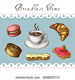 sweet breakfast vector illustration. vintage style. coffee and sweet desserts cute color sketch. trendy meal in cafe. breakfast time, coffee break with sweets. french croissant, belgian waffle, coffee