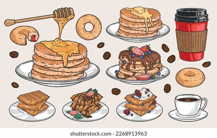 Sweet breakfasts emblems set colorful with pancakes and Belgian waffles on plates for decorating restaurant morning menu vector illustration