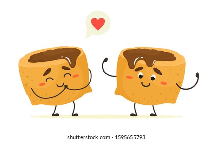 Sweet breakfasts, pillows with chocolate. Corn pads. Vector isolates in cartoon flat style.