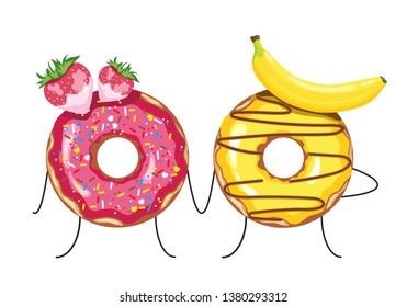 Sweet, bright, appetizing couple of multi-colored donuts with strawberries and banana on a white background