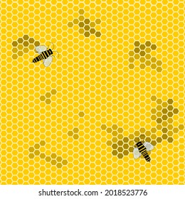Sweet, bright, golden honey comb with bees on top. Yellow hexagon shaped honey comb. Farm, apiculture, honey concepts. Top view.
