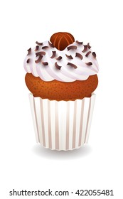 Sweet brown chocolate cupcake with cream, candy and chocolate chips. Realistic vector illustration. Isolated cake candy confection lollipops sweet-stuff sweetmeats  candy-shop bakery pastry cook