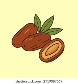 Dátiles marrones dulces con hojas, una ilustración de bocadillo natural saludable y deliciosa