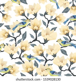 Sweet brown flower with blue leaf and cute bird in forest,illustration vector doodle comic art.