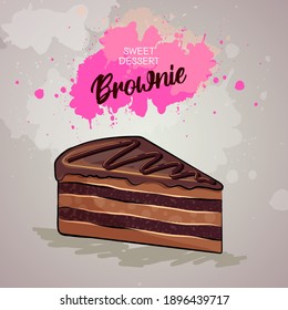 Sweet brownie cake on artistic watercolor background. Dessert menu