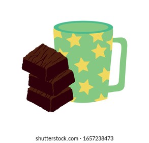 sweet brownie dessert with beverage cup vector illustration design