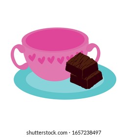 sweet brownie dessert with beverage cup vector illustration design