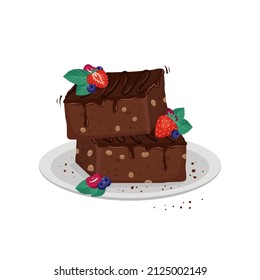 Sweet brownie dessert with flowing chocolate, nuts and berries. Delicious piece of cake, baking for birthday, party and holiday. Vector flat illustration