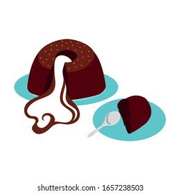 sweet brownie in dish with spoon dessert vector illustration design