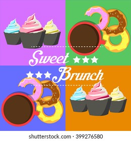 Sweet brunch poster with muffins, donuts and coffee